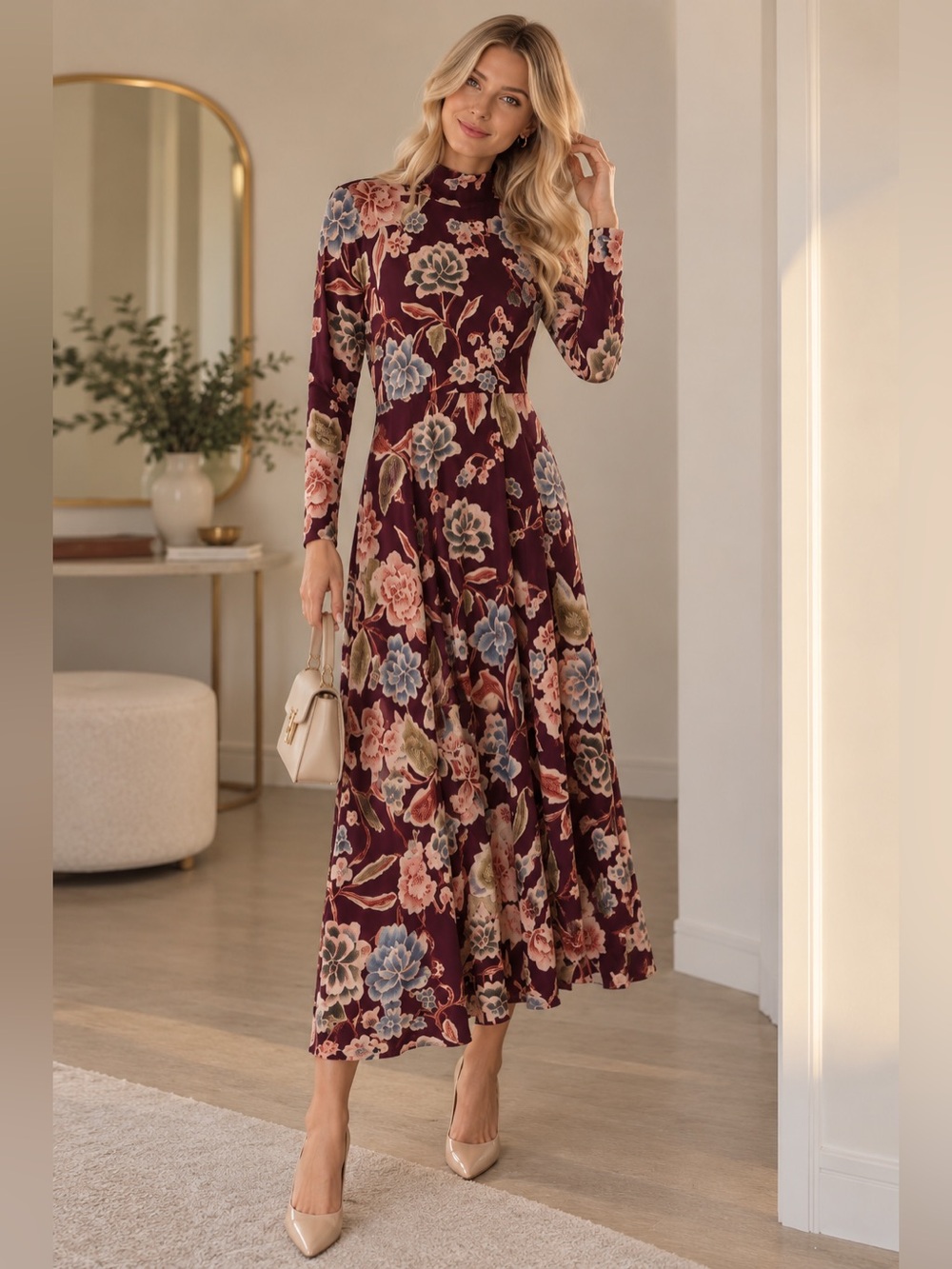 ZARA Burgundy Floral Jersey Tie-Neck Midi Dress S